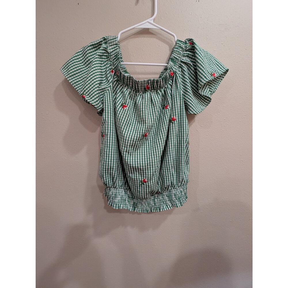 Green gingham off the shoulder blouse w/red rose embroidery by Kontrol L. size L